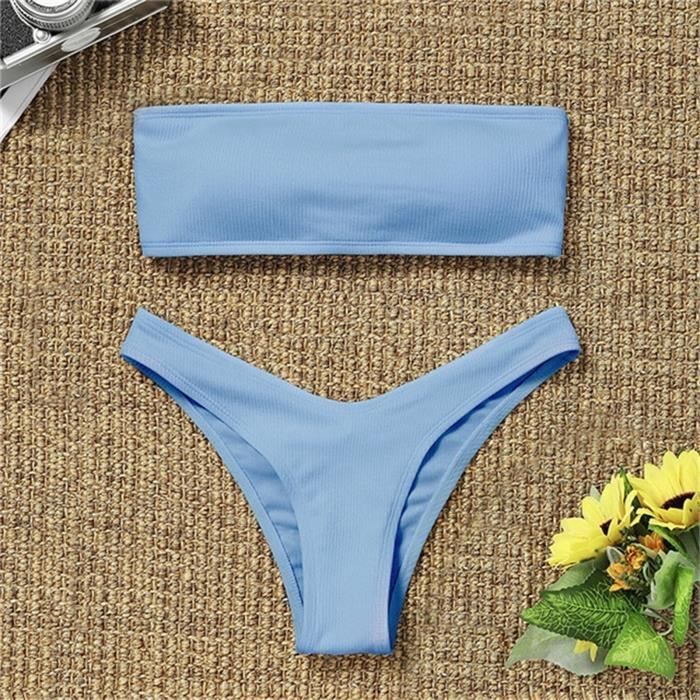 Maillot De Bain Deux Pi Ces Bikini Taille Haute Pour Femme Avec Contr Le Du Ventre Bleu Bleu