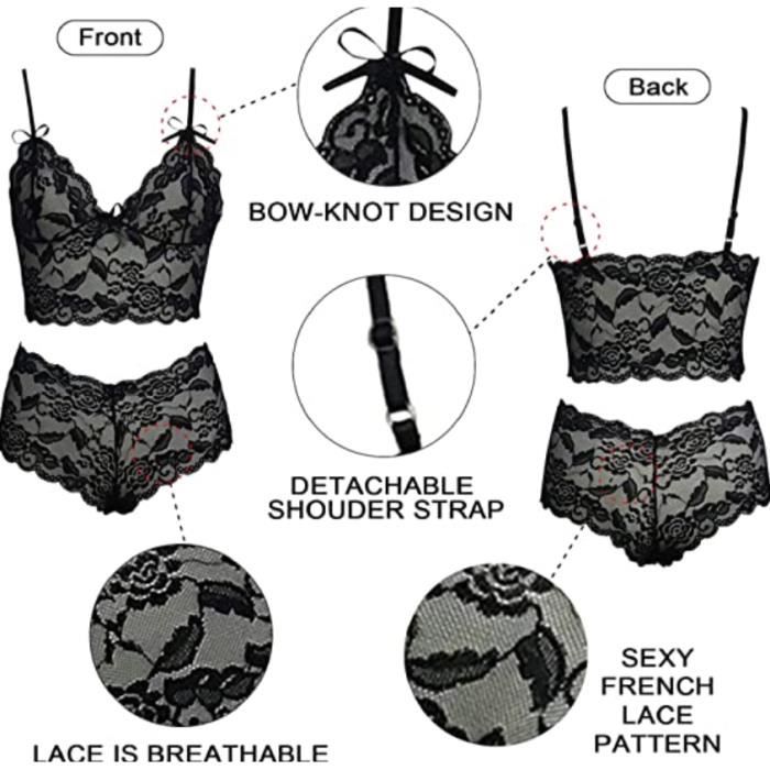 Ensemble De Lingerie Dentelle Brassi Re Sexy Femme String Noir Coton Polyester