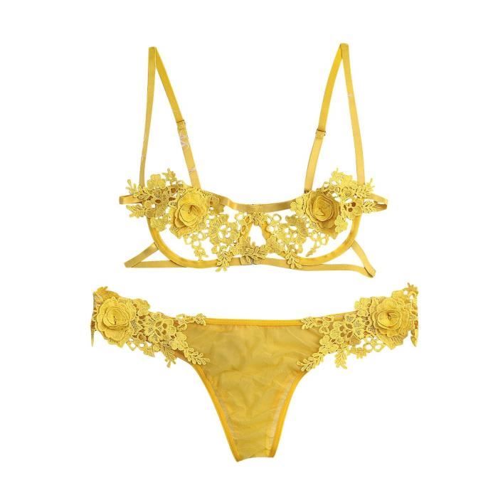 Ensemble Lingerie Sexy Dentelle Tentation Rose Avec Anneau En Acier