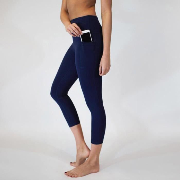 Pantalon de yoga de haute taille de la femme Poches Tummy séance d'entraînement Courir Sport Leggings Bleu