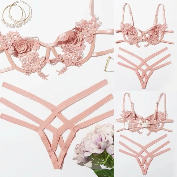 Lingerie Sexy Dentelle Tentation Rose Sous V Tements Avec Anneau En