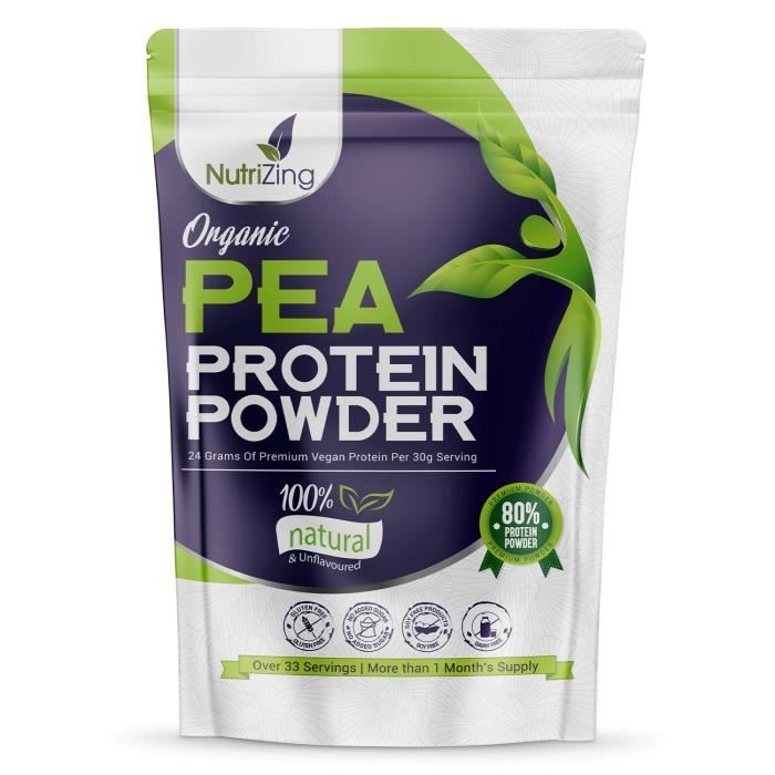 Poudre de protéines de pois bio de NutriZing ~ 80% de Protéine ~ Plus de 30 portions ~ pour les végétariens et les végétaliens