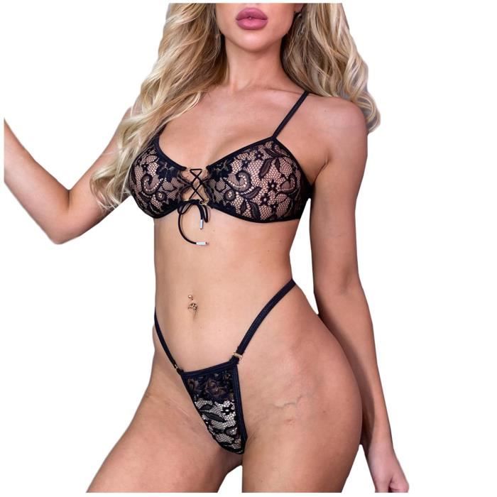 Mode Femmes Dentelle Noire Lingerie Bandage Soutien Gorge String Sous