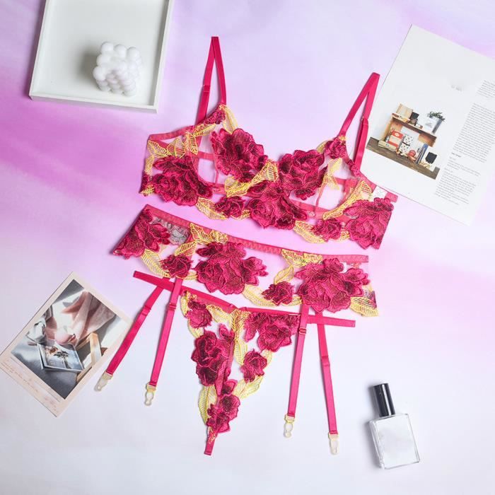 Femmes Sexy Sling Broderie Mesh Sculpt Trois Points Bikini Ensemble Deux Pi Ces Lingerie Sexy