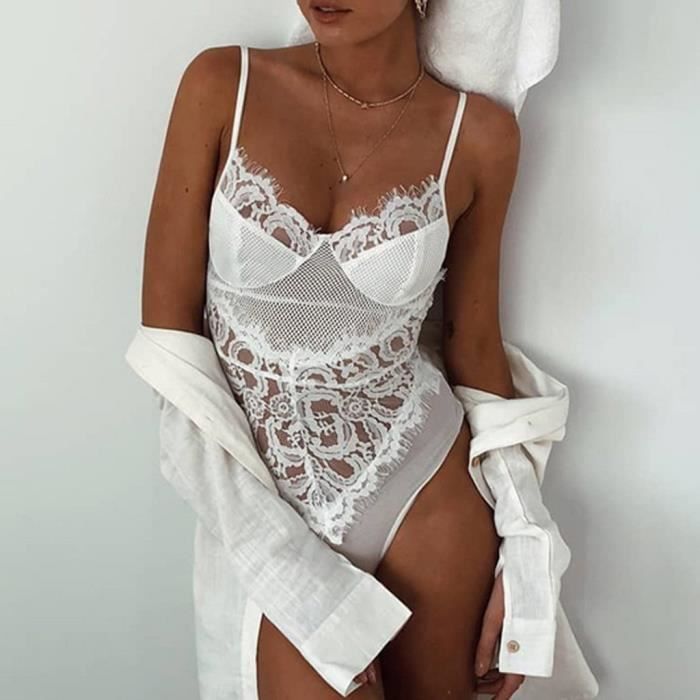 Mode Femmes One Piece Body En Dentelle Maille Babydoll Teddy Lingerie Sous Vêtements blanc