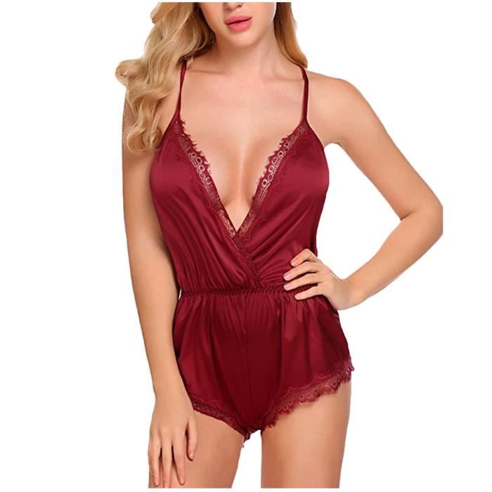 Femmes Dentelle Satin Body Teddy Lingerie Dos Nu Combinaison Sous