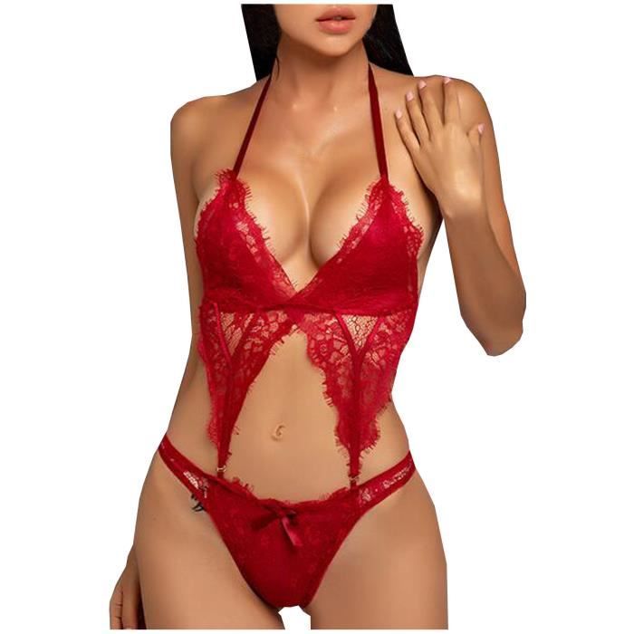 Femmes Sexy Lingerie Transparent Évider Arc Dentelle Sling Pyjama