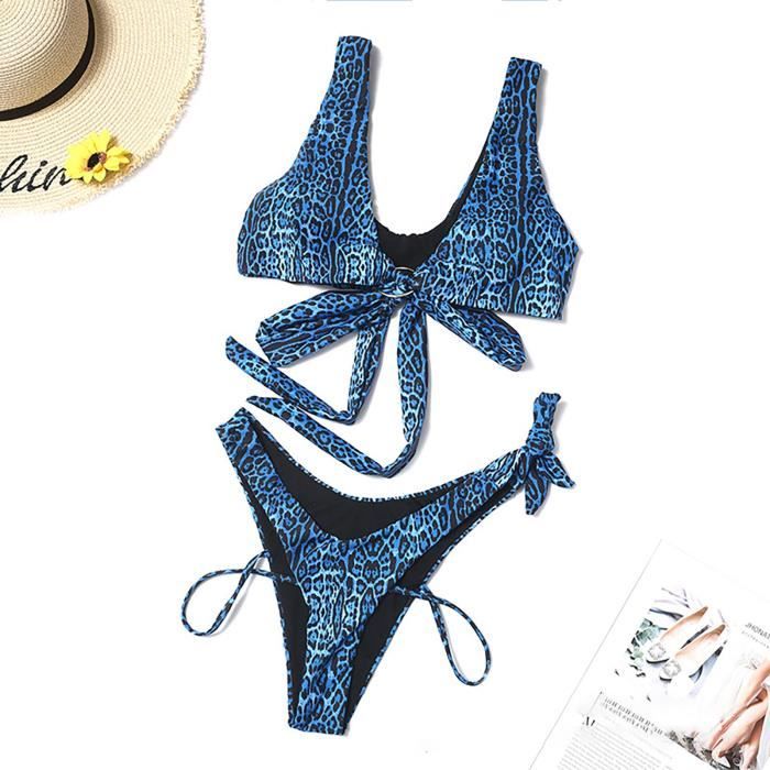 Ou Maillot De Bain Femme Bikini Imprim L Opard Fendu Pouravec Cale On Dos Ouvert Bleu Bleu