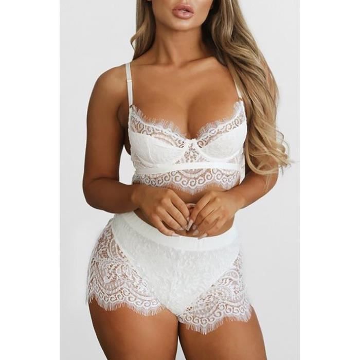 Ensemble Lingerie Femme Aiud Bralette Et Short En Dentelle Blanche
