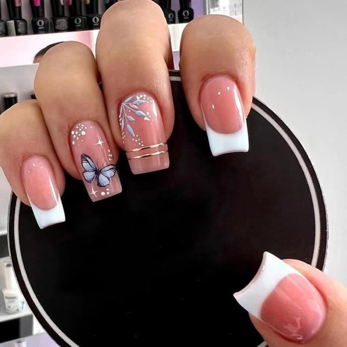 Pièces Faux Ongles Court Carrés Français Nude Rose Ongles À Coller Naturel Acrylique Bâton