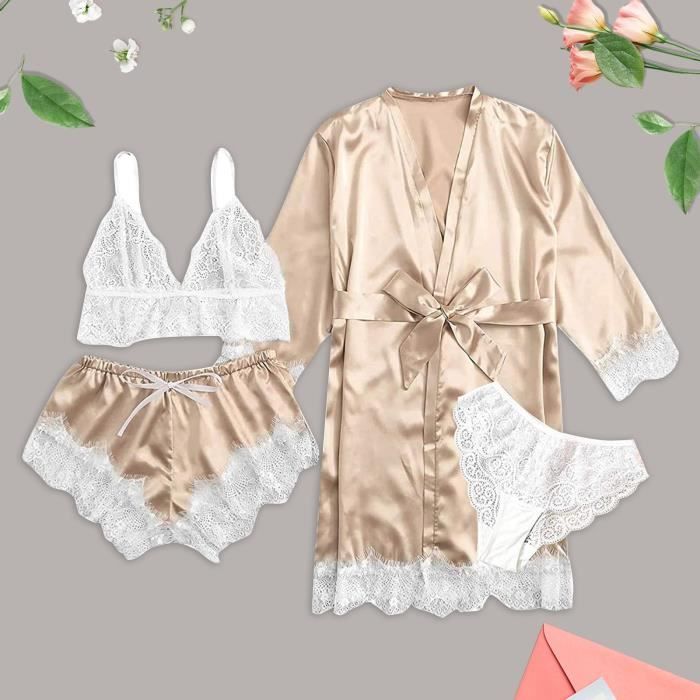 OS Ensemble de lingerie sexy avec jarretelles pour femmes 4 pièces