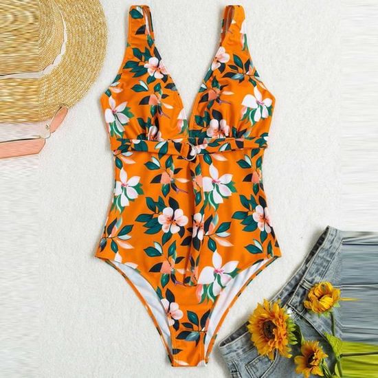 Maillot de bain bikini moulant une pièce à col en V imprimé pour femme Orange A Orange