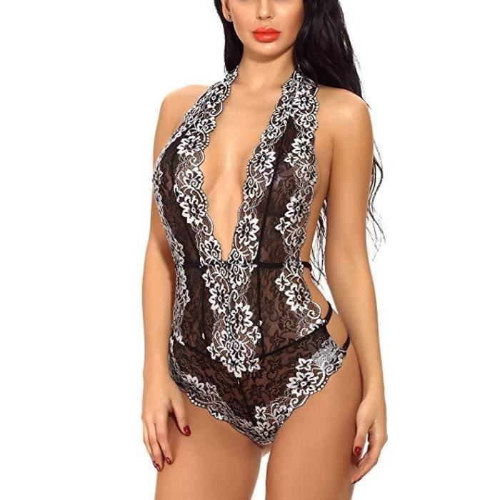 Lingerie Sexy Femme Body et Combinaison Dos Nu en Dentelle Décolleté en