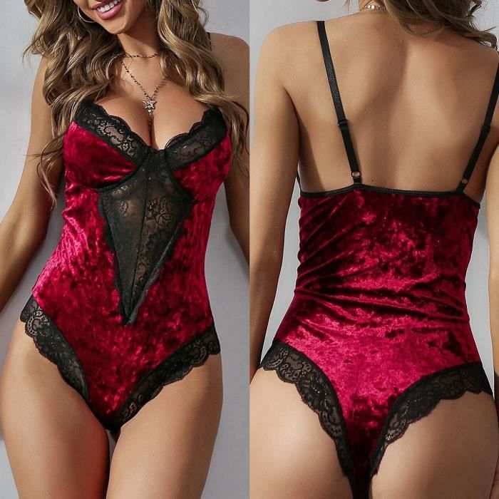 Femmes Velours Dentelle Lingerie Sous Vêtements Teddy Body Combinaison