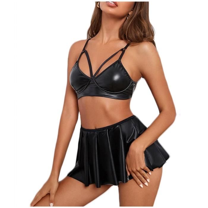 Brassiere Lingerie Sous vêtements sexy en cuir verni noir jupe de