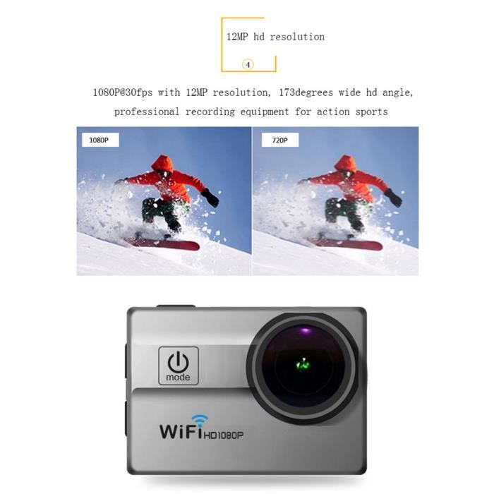 Caméra sport full HD 1080P caméra embarquée 12MP étanche grand angle 170°avec kit d'accessoires(argent)