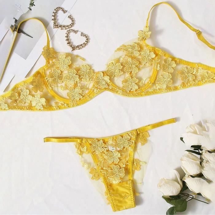 Sexy G String Fleurs Broderie Bralette Dentelle Soutien Gorge Bustier Lingerie String Jaune