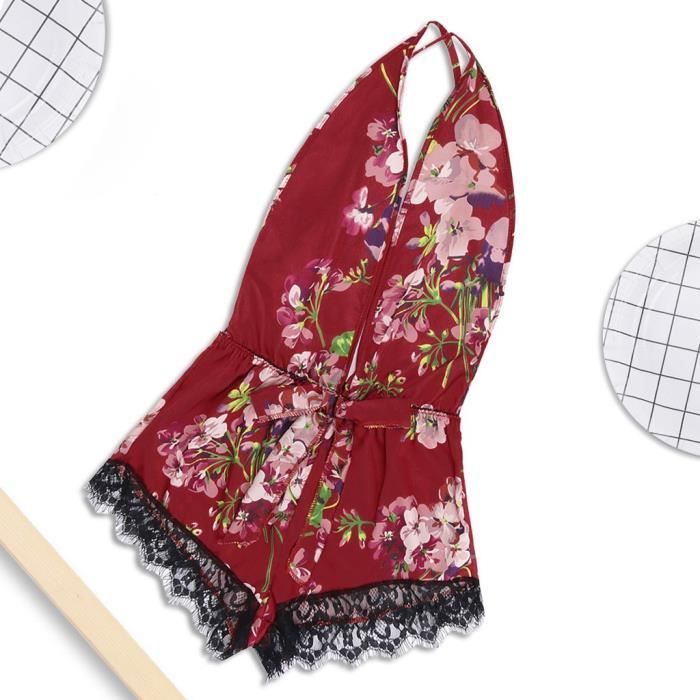Sexy Dentelle Satin Floral Bow Backless Body Teddy Lingerie Pyjamas