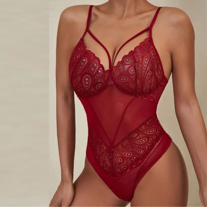Ensemble De Lingerie Sexy En Dentelle Creuse Dos De Couleur Unie Pour