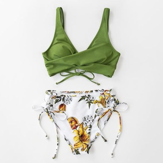Femme Bikini Froncé et Torsadé Ensemble Bikini à laçage Imprimé Floral