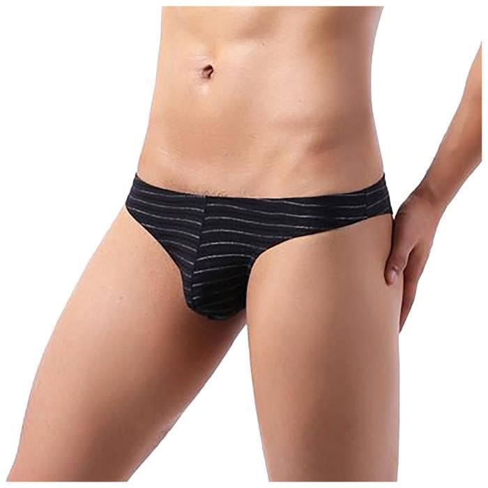 String Tanga Pour Homme de bikini demi hanche taille basse rayée de couleur Noir Noir
