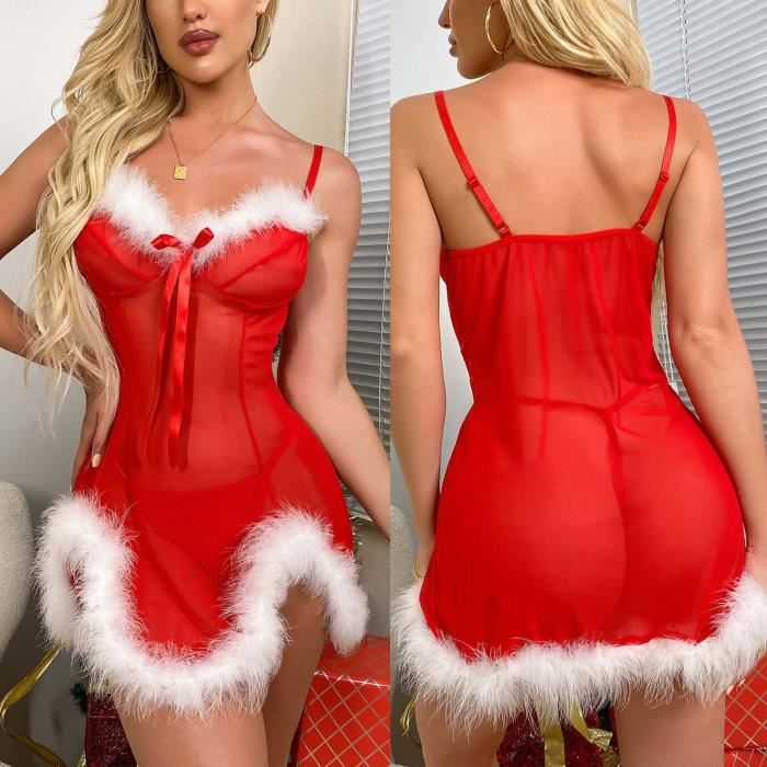 Ensemble de lingerie de Noël pour femme avec nœud en peluche Rouge