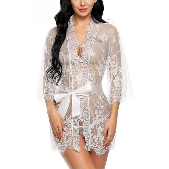 Kimono en Dentelle pour Femme Robe Nuisette Lingerie Robe de Nuit à