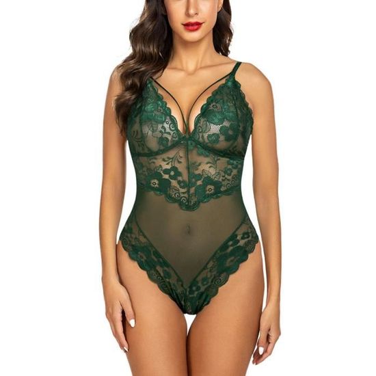 Lingerie Sexy pour Femme Body Une Pièce en Dentelle Transparente Col