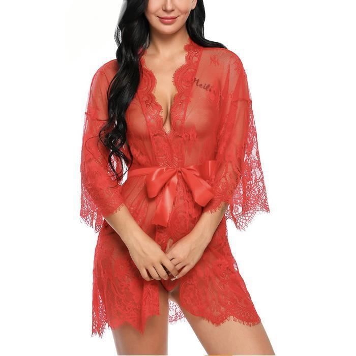 Kimono en Dentelle pour Femme Robe Nuisette Lingerie Robe de Nuit à