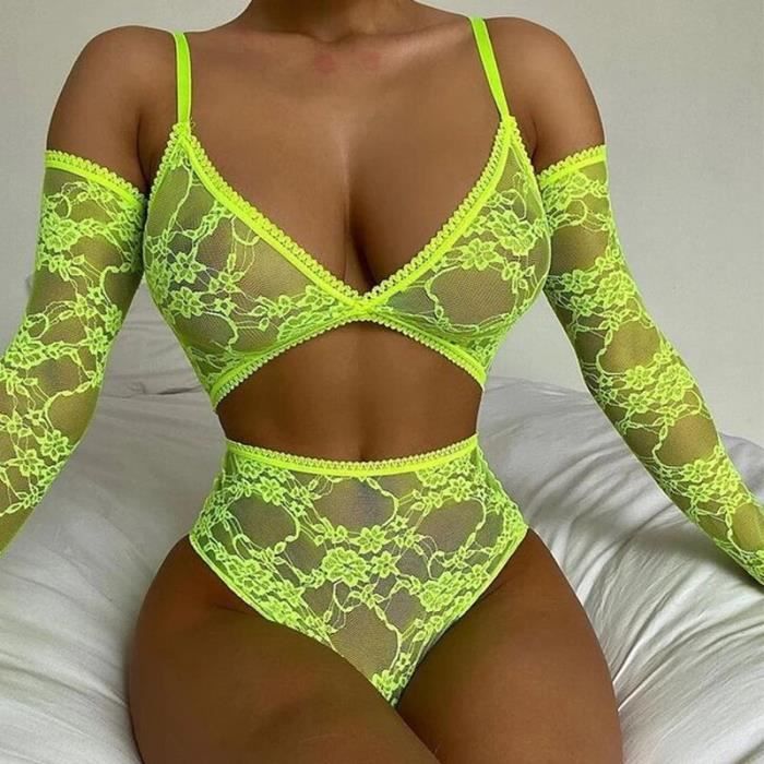 Ensemble De Lingerie Sexy En Dentelle Pour Femmes Green C Blanc