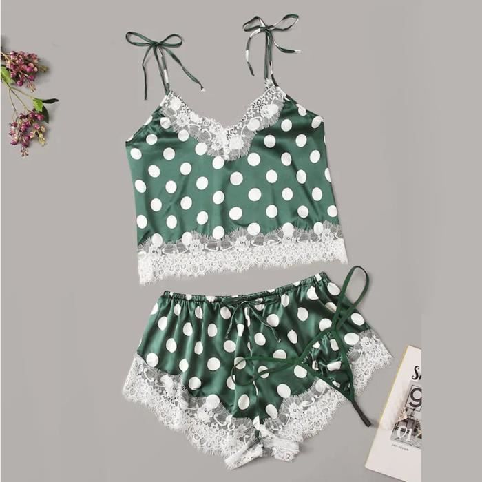 3PC Femmes Satin Dentelle Soie Camisole Shorts String Ensemble Impression Pyjama Lingerie