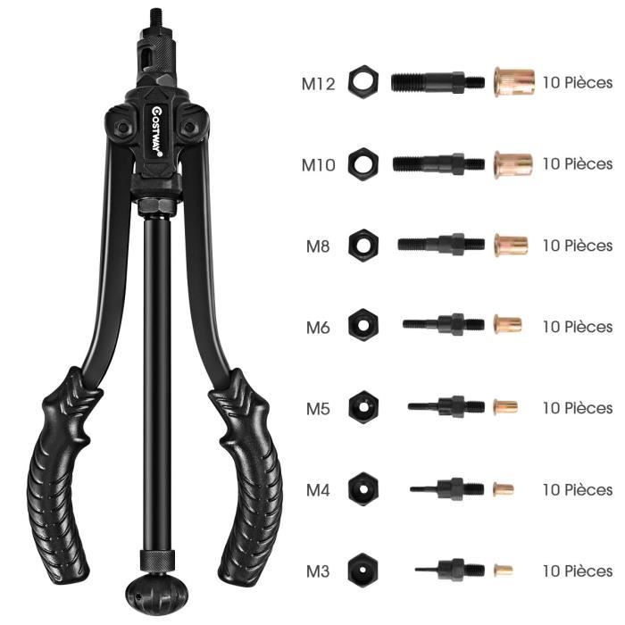 DREAMADE Coffret de Pince à Rivet Professionnel, avec 7 Mandrins M3 - M12 et 70 Écrous de Rivet, Changement de mandrin rapide