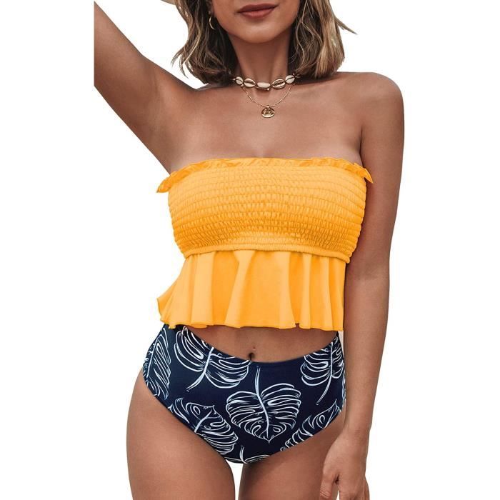 Maillot De Bain Femme Bikini Smock Bandeau Fronc Et Volant Taille
