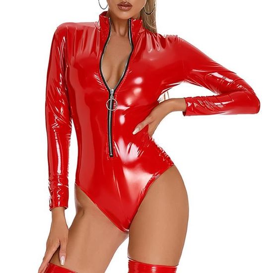 IEFIEL Body Cuir Sexy Femme Érotique Lingerie Manche Longue Zippé