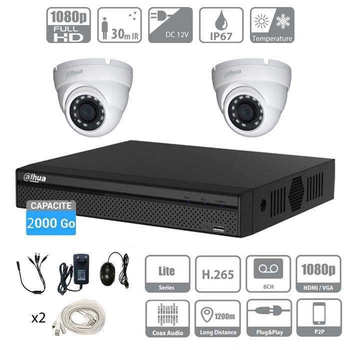 Kit vidéosurveillance 2To DAHUA Full HD 2 caméras dômes de 2 Mpx-Evolutif à 4 caméras