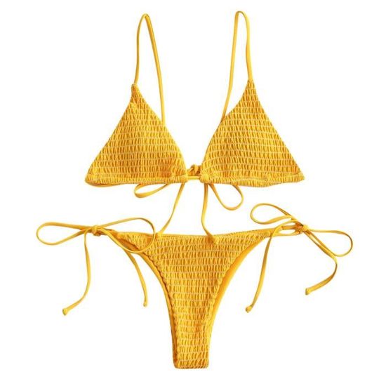 Ou Maillot De Bain Femme Push Up High Cut Lace Smocked String Bikini Setdeux Pi Ces Jaune Jaune