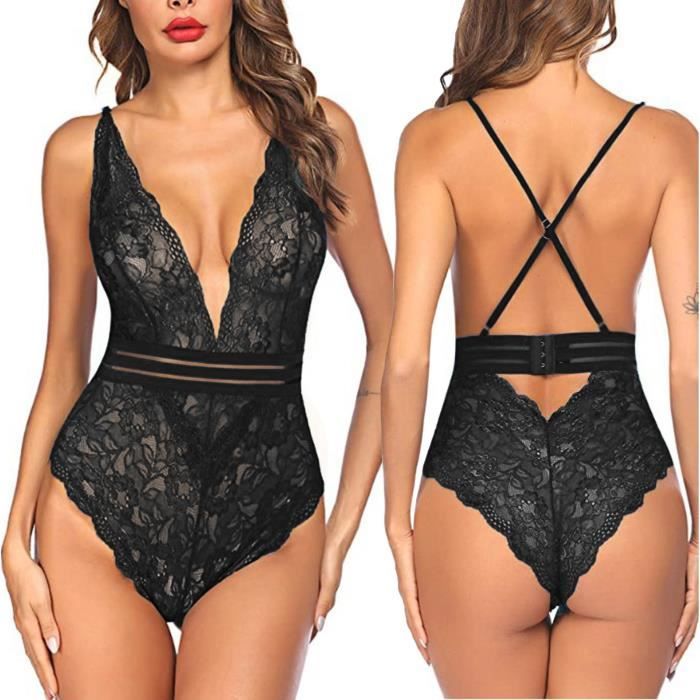Combinaison Femmes Dentelle Lingerie Body Col En V Profond Pyjamas Sous V Tements Noirs
