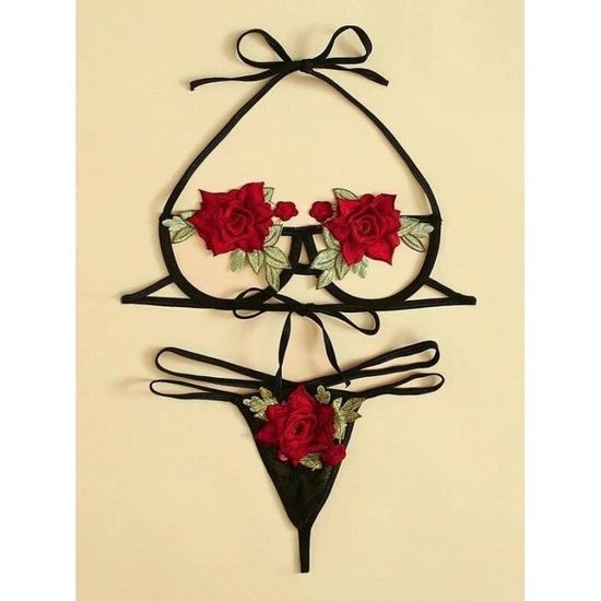 Ensemble De Lingerie Papillon Appliques Soutien Gorge Ouvert Et String
