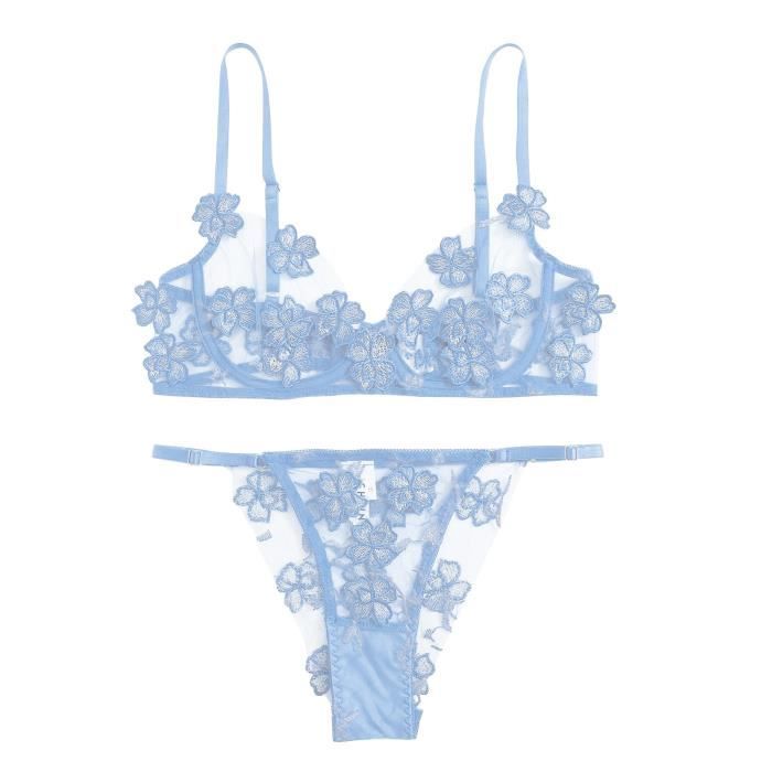 Soutien Gorge Sexy G String Fleurs Broderie Bralette Dentelle Bustier Lingerie String Bleu