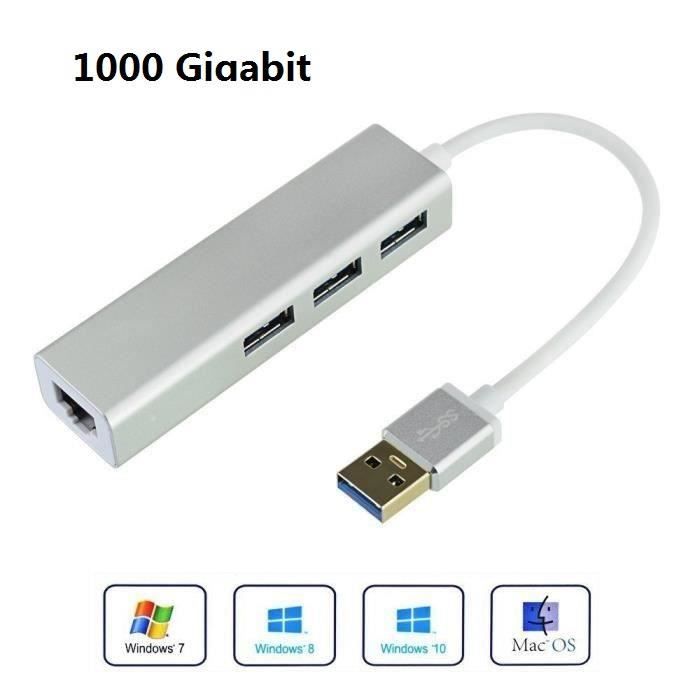 Hub USB 3.0 Réseau avec 3 Ports USB et Interface RJ45 Adaptateur Ethernet 10/100/1000 Gigabit Ethernet Switcher pour MacBook Microso