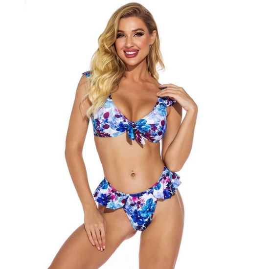 Maillot de Bain Femme Bikini à Volants Sexy Push up avec Floral Imprimé Bleu Style 95 Bleu