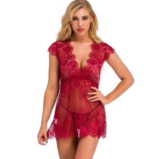 Nuisette Dentelle Transparent Rouge Demeuble Sexy Lingerie Femme