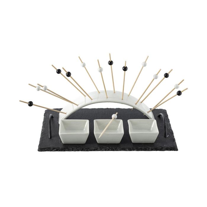 Secret de Gourmet - Set Apéritif 5 Pièces : 1 Plateau ardoise , 3 Ramequins et 1 Arche avec 14 piques en bois Ardoise