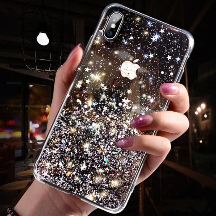 Coque, iPhone X, Magnifique Noir Mode paillettes étui iPhone Max Silicone Bling cristal paillettes couverture iPhone Max téléphone