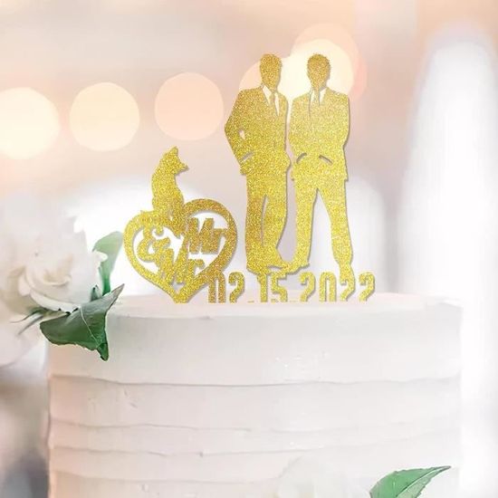 Décoration De Gâteau De Mariage Pour Couple De Gay Doré À Paillettes Avec Chien Et Chat Pour