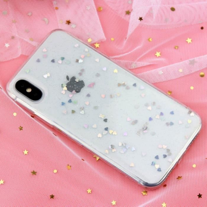 Coque, iPhone XS, Magnifique Heart Clear QINUO Étoile Amour Coeur Paillettes Téléphone étui iPhone Max Bling iPhone 6 Paillettes