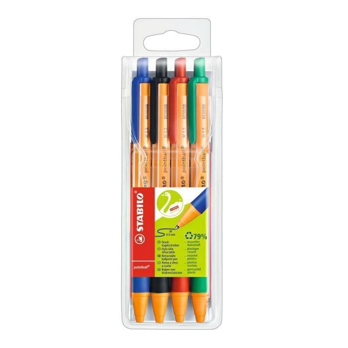 STABILO pointball - Pochette de 4 stylos-bille - noir + bleu + rouge + vert
