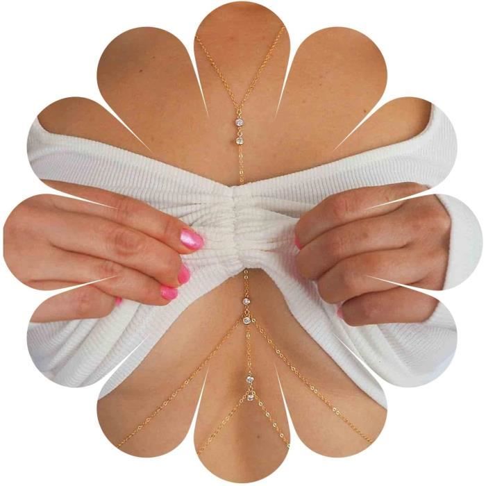 Vintage Layered Crystal Bikini Body Chain Necklace Gold Cz Bikini Bra Chain Necklace Rhinestone