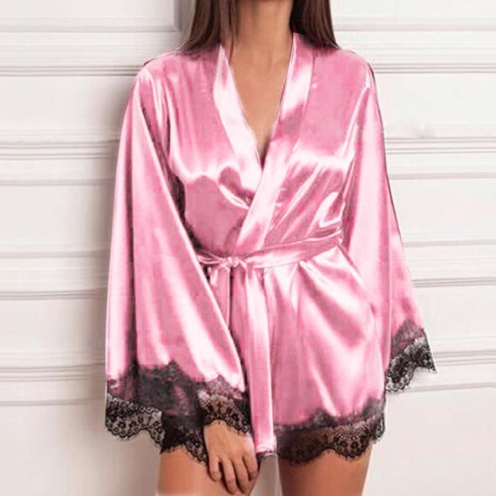 Robe De Chambre Femmes Satin Chemise De Nuit Soie Dentelle Lingerie V Tements Sexy Rose