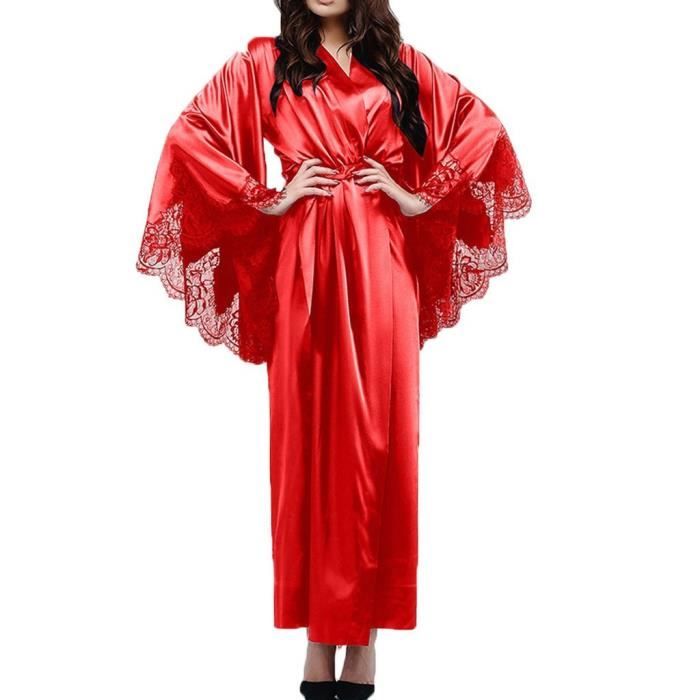 Femmes Sexy Dentelle Satin Kimono Longue Robe Peignoir Lingerie